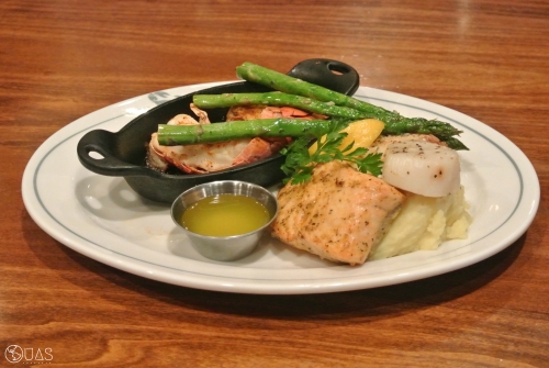 Premium Broiled Seafood Platter (Phillips Classic) - lobster, crab imperial, shrimp & scallop skewer, salmon, mashed potatoes, asparagus